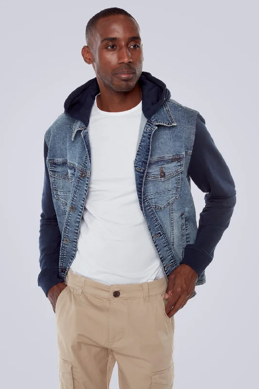 Men's Jeans with a Cargo - Inspired Knee Pocket for Extra StorageDenim Hybrid Hoodie Jacket - Light Blue Wash Men's Jeans with a Cargo - Inspired Knee Pocket for Extra StorageDenim Hybrid Hoodie Jacket - Light Blue Wash