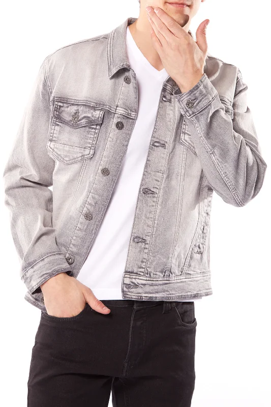 Men's Low - Rise Jeans in a Light Wash for a Casual and Youthful LookSlim Fit Classic Trucker Jean Jacket - Light Grey Wash Men's Low - Rise Jeans in a Light Wash for a Casual and Youthful LookSlim Fit Classic Trucker Jean Jacket - Light Grey Wash