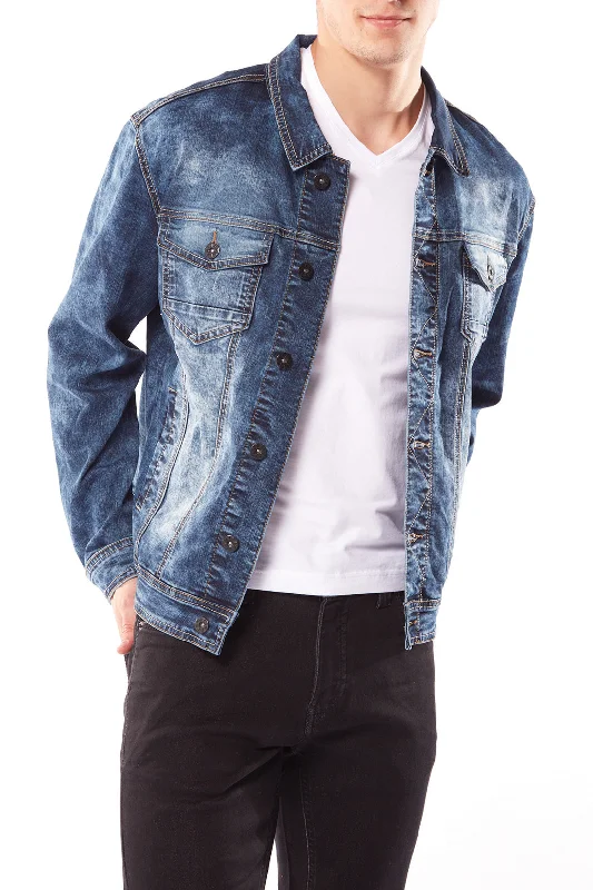 Men's Jeans with a Frayed Hem for a Casual and Effortless StyleSlim Fit Classic Trucker Jean Jacket - Dark Blue Acid Wash Men's Jeans with a Frayed Hem for a Casual and Effortless StyleSlim Fit Classic Trucker Jean Jacket - Dark Blue Acid Wash