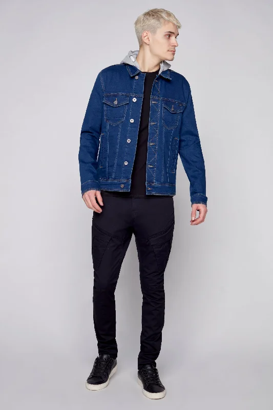 Men's Jeans with a Zip - Off Lower Leg for Convertible StyleMen's Denim Jacket With Built-In Hood - Medium Dark Blue Men's Jeans with a Zip - Off Lower Leg for Convertible StyleMen's Denim Jacket With Built-In Hood - Medium Dark Blue