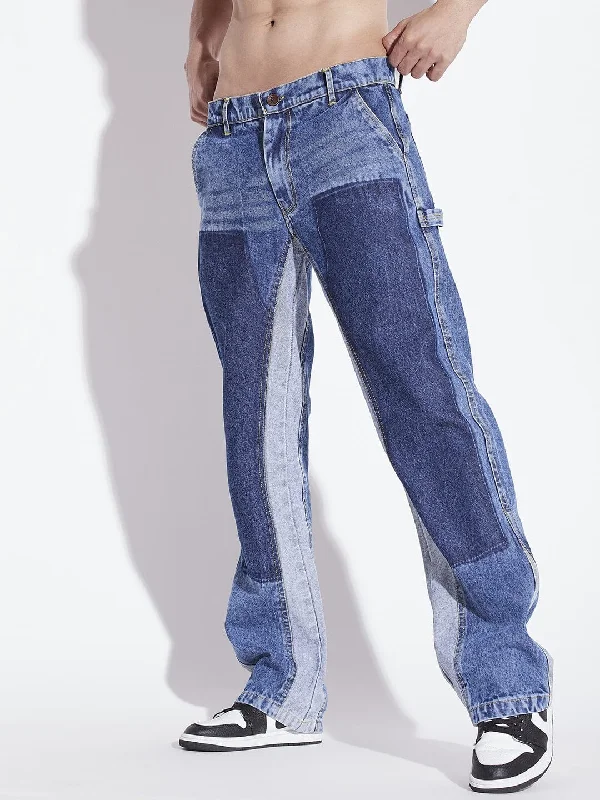 Plus Size Men's Relaxed Fit Jeans with a Tapered Leg for a Laid - Back VibeMid Blue Contrast Panel Flared Denim Plus Size Men's Relaxed Fit Jeans with a Tapered Leg for a Laid - Back VibeMid Blue Contrast Panel Flared Denim