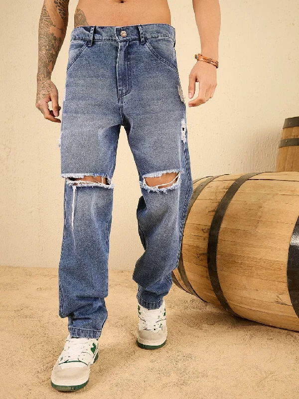 Plus Size Men's Relaxed Fit Jeans with a Faded Wash for a Vintage - Inspired LookMid Wash Blue Knee Ripped Relaxed Tapered Fit Jeans Plus Size Men's Relaxed Fit Jeans with a Faded Wash for a Vintage - Inspired LookMid Wash Blue Knee Ripped Relaxed Tapered Fit Jeans