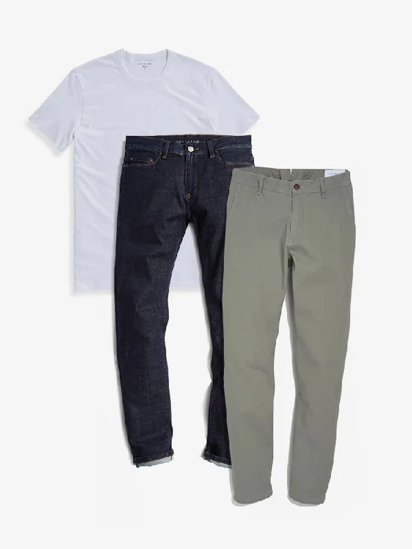 Men's High - Waisted Jeans in a Medium Wash for a Vintage - Style RevivalSet 02: 1 pair of Chinos + 1 Driggs Tee + 1 pair of Jeans