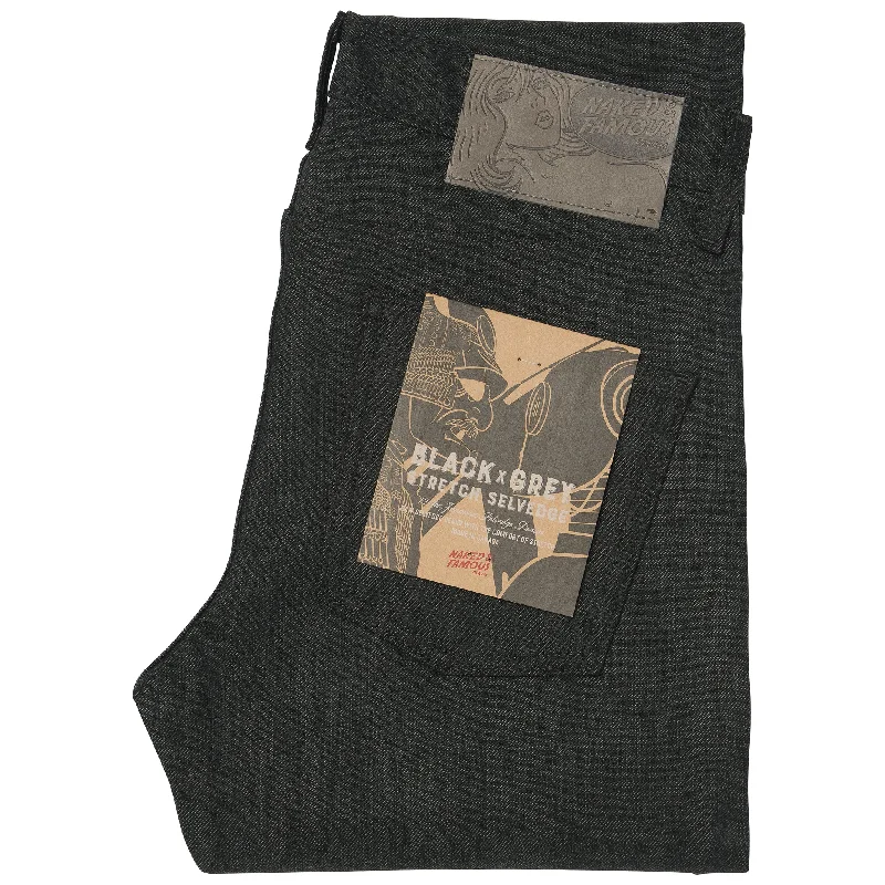 Plus Size Men's Bootcut Jeans with a Relaxed Waist for a Classic and Comfortable FitSuper Guy - Black x Grey Stretch Selvedge Plus Size Men's Bootcut Jeans with a Relaxed Waist for a Classic and Comfortable FitSuper Guy - Black x Grey Stretch Selvedge