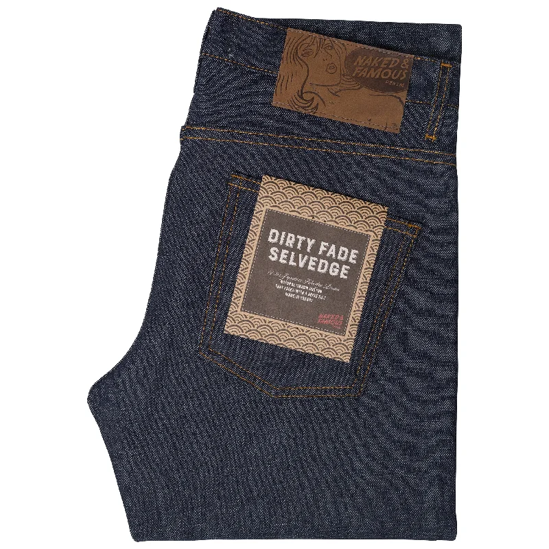 Men's Stretch Jeans with a Moisture - Wicking Lining for Active LifestylesSuper Guy - Dirty Fade Selvedge Men's Stretch Jeans with a Moisture - Wicking Lining for Active LifestylesSuper Guy - Dirty Fade Selvedge