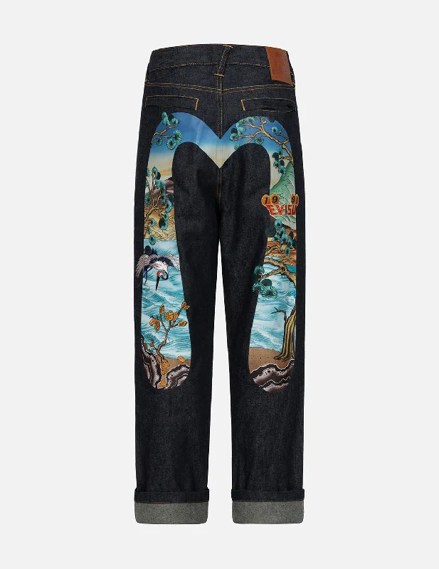Men's Jeans with a Button - Fly for a Traditional and Classic AestheticPine-pattern Daicock Print with Crane and Logo Embroidery Wide Leg Jeans Men's Jeans with a Button - Fly for a Traditional and Classic AestheticPine-pattern Daicock Print with Crane and Logo Embroidery Wide Leg Jeans