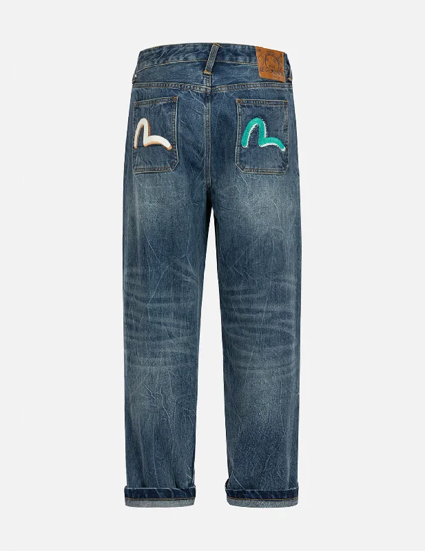 Men's Jeans with an Elastic Waistband for Ultimate ComfortSeagull Print and Embroidery Relax Fit Jeans Men's Jeans with an Elastic Waistband for Ultimate ComfortSeagull Print and Embroidery Relax Fit Jeans
