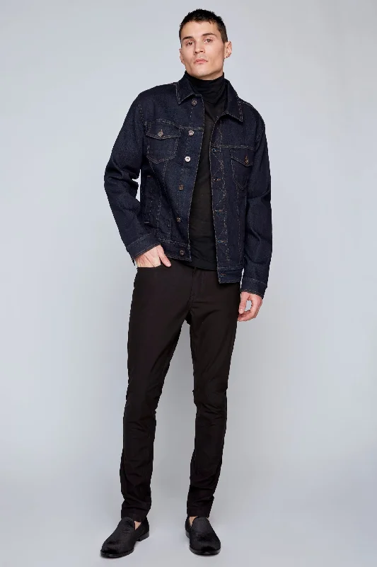 Men's High - Waisted Jeans in a Medium Wash for a Vintage - Style RevivalSlim Fit Classic Trucker Jean Jacket - Black Men's High - Waisted Jeans in a Medium Wash for a Vintage - Style RevivalSlim Fit Classic Trucker Jean Jacket - Black