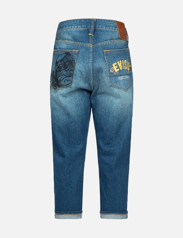 Men's Jeans with an Elastic Waistband for Ultimate ComfortTaiko Daruma Print Cropped-Fit Jeans #2027 Men's Jeans with an Elastic Waistband for Ultimate ComfortTaiko Daruma Print Cropped-Fit Jeans #2027