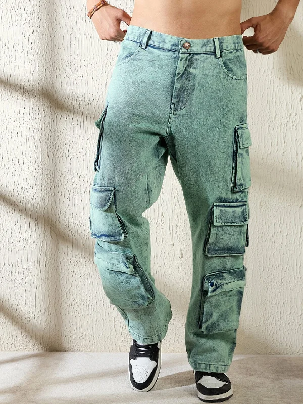 Men's High - Waisted Jeans in a Medium Wash for a Vintage - Style RevivalTeal Tinted Washed Baggy Cargo Denim Men's High - Waisted Jeans in a Medium Wash for a Vintage - Style RevivalTeal Tinted Washed Baggy Cargo Denim