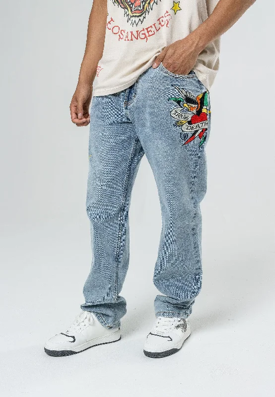 Men's Cargo Jeans with Multiple Pockets for a Practical and Outdoor - Friendly LookTrue-Til-Death Tattoo Graphic Jean Denim Pant - Bleach Men's Cargo Jeans with Multiple Pockets for a Practical and Outdoor - Friendly LookTrue-Til-Death Tattoo Graphic Jean Denim Pant - Bleach