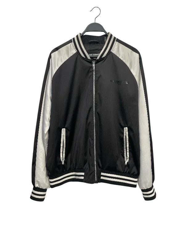 Men jackets with a built - in hood that can be stowed away when not in useKARL LAGERFELD/Baseball Jkt/XL/Silk/BLK/WHITE SLEEVE/ZIP UP Men jackets with a built - in hood that can be stowed away when not in useKARL LAGERFELD/Baseball Jkt/XL/Silk/BLK/WHITE SLEEVE/ZIP UP