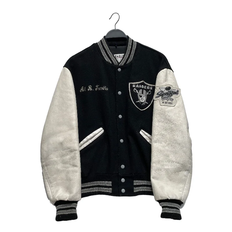 Embroidered men jackets with intricate floral designs for a unique aestheticVintage/Baseball Jkt/44/Wool/BLK/DELONG RAIDERS VARSITY JACKET Embroidered men jackets with intricate floral designs for a unique aestheticVintage/Baseball Jkt/44/Wool/BLK/DELONG RAIDERS VARSITY JACKET