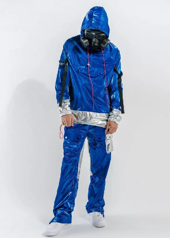 Men jackets with a built - in hood that can be stowed away when not in useBlank State Men's Radiation Anorak in Metallic Blue Men jackets with a built - in hood that can be stowed away when not in useBlank State Men's Radiation Anorak in Metallic Blue