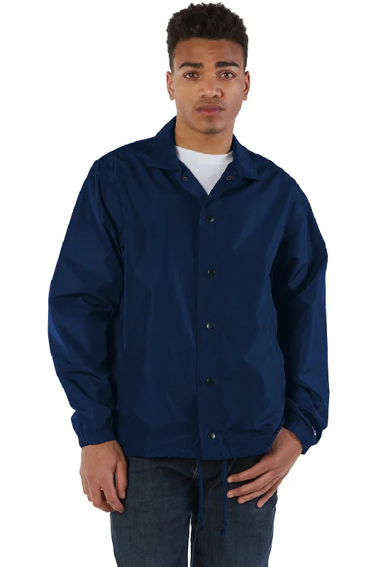 Fleece - lined men jackets for cold - weather commutingChampion Mens Wind & Water Resistant Snap Down Coach's Jacket - Navy Blue Fleece - lined men jackets for cold - weather commutingChampion Mens Wind & Water Resistant Snap Down Coach's Jacket - Navy Blue