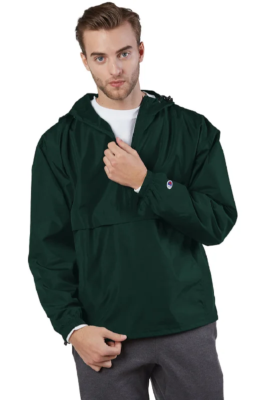 Hooded men jackets with a detachable faux - fur trim for added warmthChampion Mens Packable Wind & Water Resistant Anorak 1/4 Zip Hooded Jacket - Dark Green Hooded men jackets with a detachable faux - fur trim for added warmthChampion Mens Packable Wind & Water Resistant Anorak 1/4 Zip Hooded Jacket - Dark Green