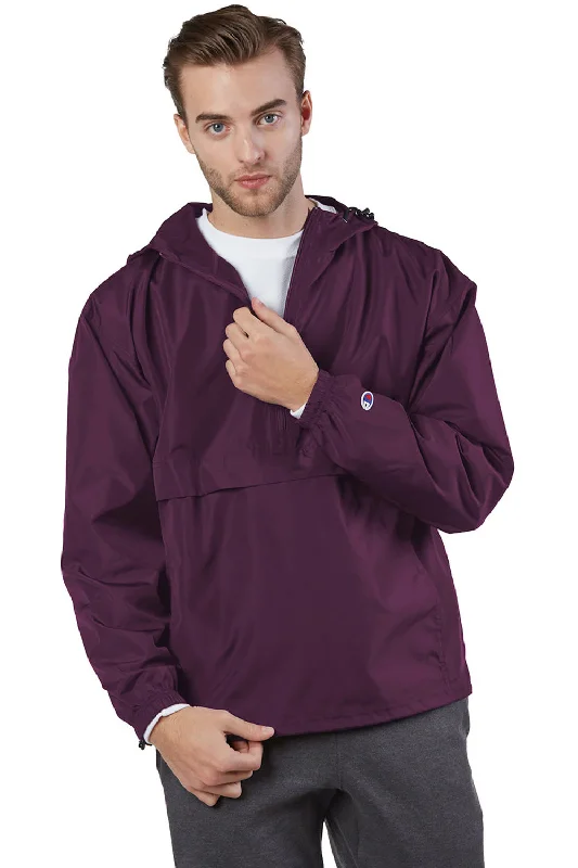 Slim - fit leather men jackets with a distressed finish for a rugged lookChampion Mens Packable Wind & Water Resistant Anorak 1/4 Zip Hooded Jacket - Maroon Slim - fit leather men jackets with a distressed finish for a rugged lookChampion Mens Packable Wind & Water Resistant Anorak 1/4 Zip Hooded Jacket - Maroon