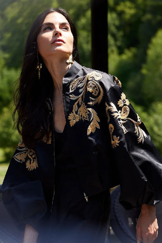 Men jackets with a built - in hood that can be stowed away when not in useDuchess Satin Embroidered Crop Bomber Jacket Men jackets with a built - in hood that can be stowed away when not in useDuchess Satin Embroidered Crop Bomber Jacket