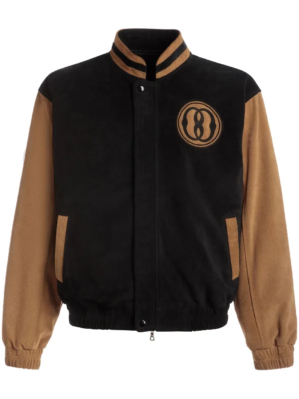 Men jackets with a built - in hood that can be stowed away when not in useEmblem Logo-Patch Suede Bomber Jacket Men jackets with a built - in hood that can be stowed away when not in useEmblem Logo-Patch Suede Bomber Jacket