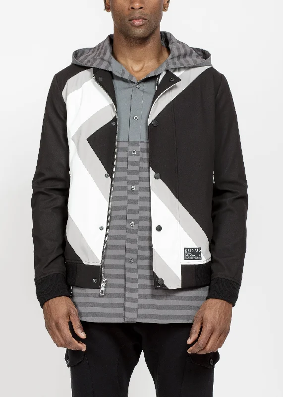 Tailored men jackets to pair with formal trousers for business meetingsKonus Men's Bomber Jacket With Geometric Panels in Black Tailored men jackets to pair with formal trousers for business meetingsKonus Men's Bomber Jacket With Geometric Panels in Black