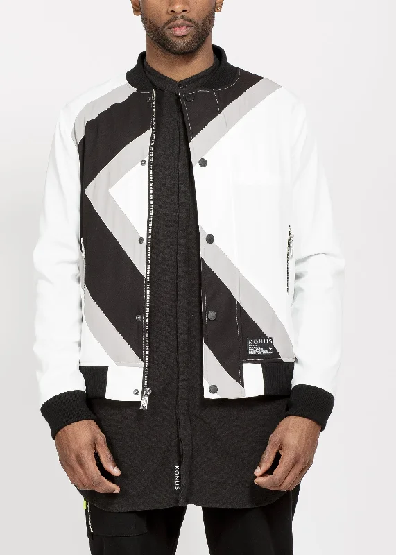 Down - filled men jackets in bright colors for winter fashionKonus Men's Bomber Jacket With Geometric Panels in White Down - filled men jackets in bright colors for winter fashionKonus Men's Bomber Jacket With Geometric Panels in White