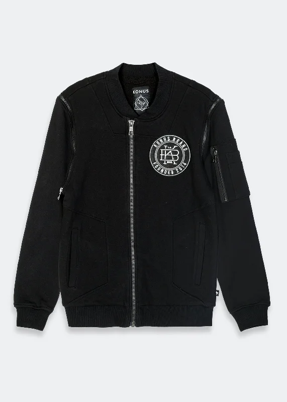 Hooded men jackets with a detachable faux - fur trim for added warmthKonus Men's Detachable Sleeve French Terry Bomber in Black Hooded men jackets with a detachable faux - fur trim for added warmthKonus Men's Detachable Sleeve French Terry Bomber in Black