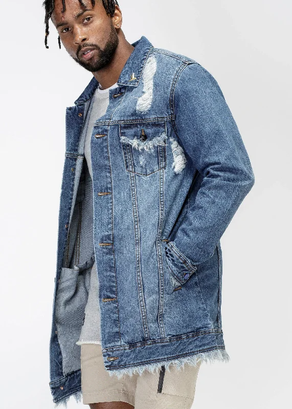 Men jackets with a built - in hood that can be stowed away when not in useKonus Men's Frayed Long Denim Jacket Men jackets with a built - in hood that can be stowed away when not in useKonus Men's Frayed Long Denim Jacket