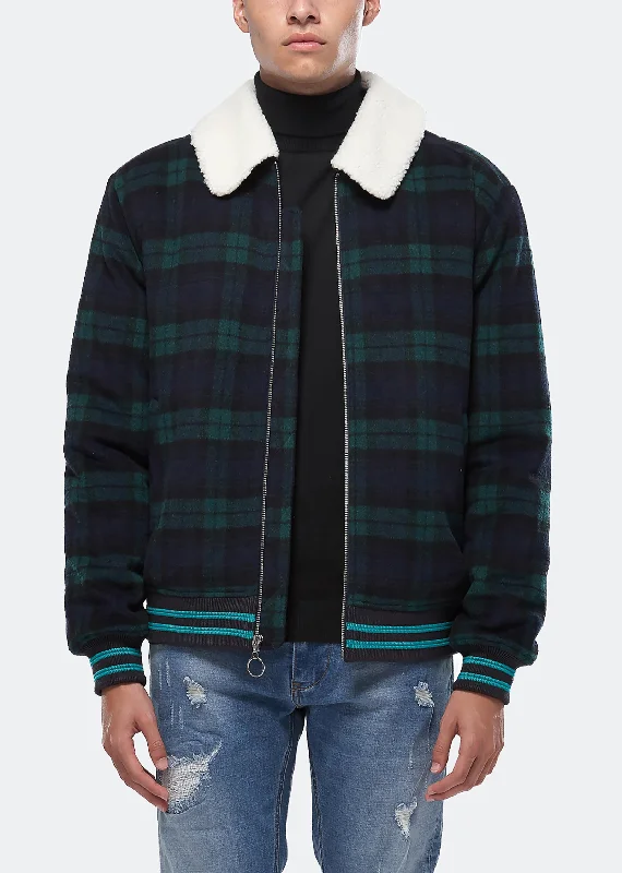 Bomber men jackets with ribbed cuffs for a classic 80s styleKonus Men's Wool Blend Plaid Jacket with Sherpa Collar in Green Bomber men jackets with ribbed cuffs for a classic 80s styleKonus Men's Wool Blend Plaid Jacket with Sherpa Collar in Green