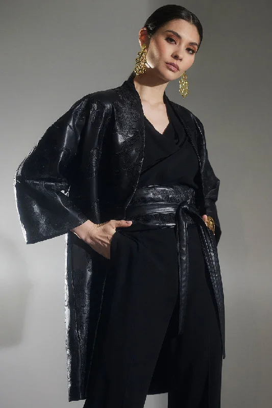 Men jackets with a built - in hood that can be stowed away when not in useLeticia Embroidered Faux Leather Kimono Coat Men jackets with a built - in hood that can be stowed away when not in useLeticia Embroidered Faux Leather Kimono Coat