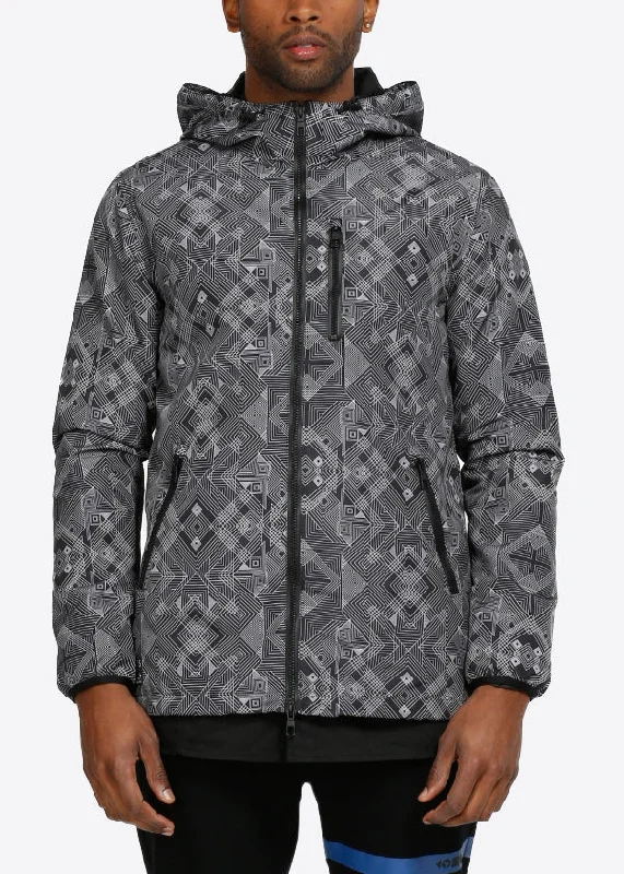 Plus - size men jackets with adjustable drawstrings for a comfortable fitMen's Tech Graphic Wind Breaker Jacket in Black Plus - size men jackets with adjustable drawstrings for a comfortable fitMen's Tech Graphic Wind Breaker Jacket in Black