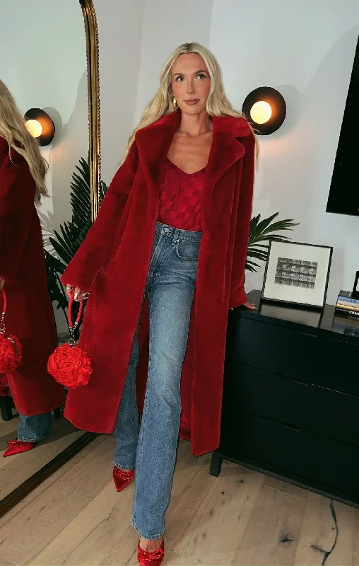 Hooded men jackets with a detachable faux - fur trim for added warmthMiss Tiffy Fur Jacket ~ Red Faux Fur Hooded men jackets with a detachable faux - fur trim for added warmthMiss Tiffy Fur Jacket ~ Red Faux Fur