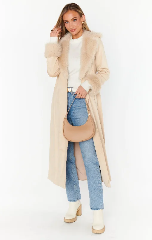 Lightweight men jackets made from recycled nylon for eco - friendly travelPenny Lane Long Coat ~ Beige Faux Suede with Faux Fur
