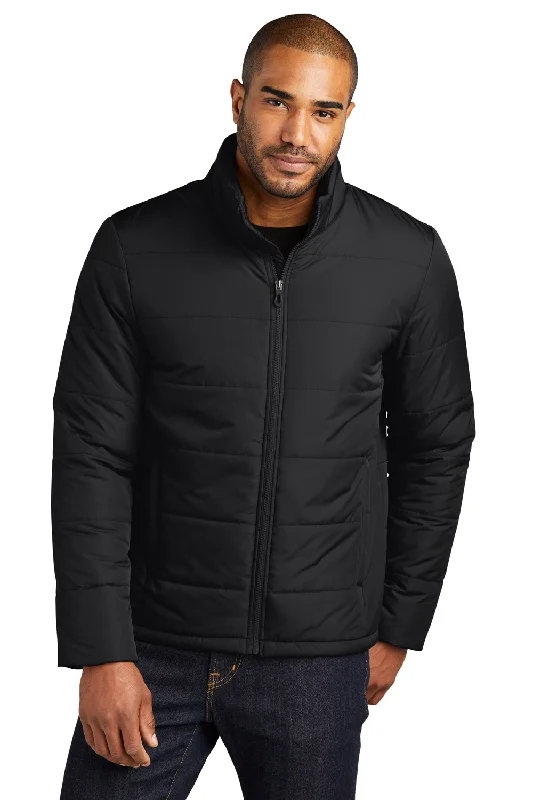 Bomber men jackets with ribbed cuffs for a classic 80s stylePort Authority Mens Water Resistant Full Zip Puffer Jacket - Deep Black Bomber men jackets with ribbed cuffs for a classic 80s stylePort Authority Mens Water Resistant Full Zip Puffer Jacket - Deep Black