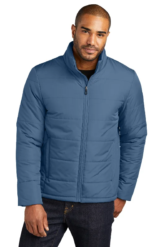 Men jackets with a built - in hood that can be stowed away when not in usePort Authority Mens Water Resistant Full Zip Puffer Jacket - Dusk Blue Men jackets with a built - in hood that can be stowed away when not in usePort Authority Mens Water Resistant Full Zip Puffer Jacket - Dusk Blue