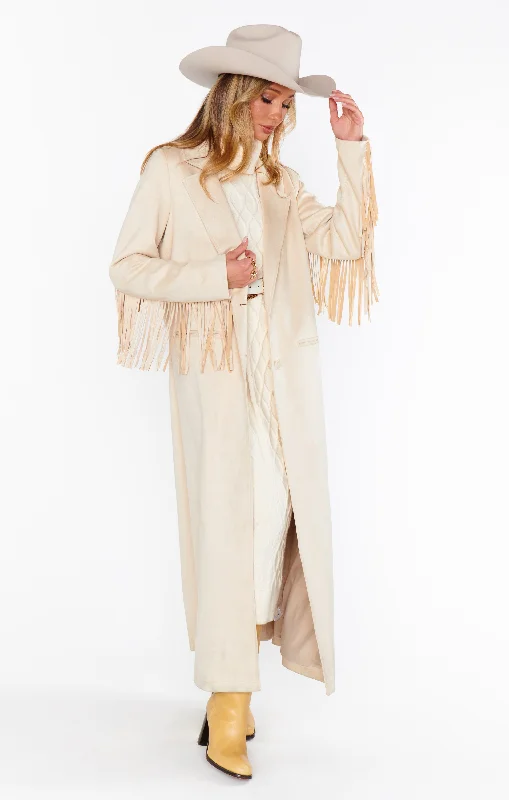 Checkered men jackets in a plaid pattern for a preppy appearanceSierra Fringe Maxi Jacket ~ Cream Faux Suede