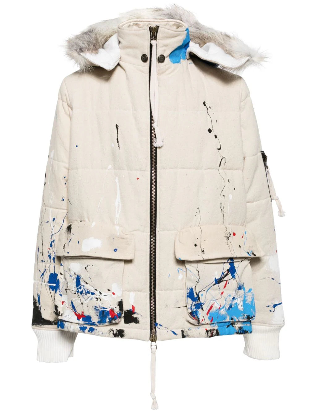 Hooded men jackets with a detachable faux - fur trim for added warmthSplatter-Paint Down Jacket Hooded men jackets with a detachable faux - fur trim for added warmthSplatter-Paint Down Jacket