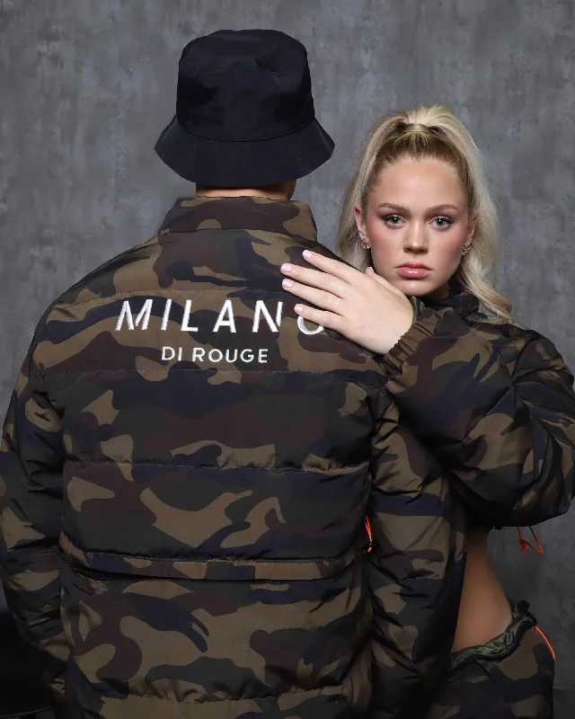 Corduroy men jackets in earthy tones for a rustic charmSplit Camo Pullover Puffer