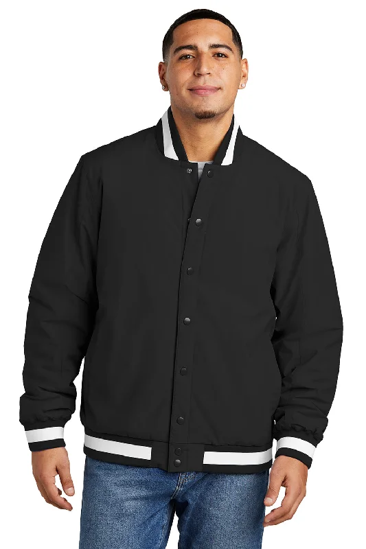 Plus - size men jackets with adjustable drawstrings for a comfortable fitSport-Tek Mens Water Resistant Snap Down Varsity Jacket - Black Plus - size men jackets with adjustable drawstrings for a comfortable fitSport-Tek Mens Water Resistant Snap Down Varsity Jacket - Black