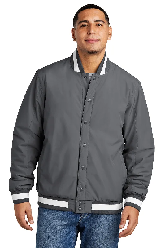 Denim men jackets with embroidered patches for a personalized touchSport-Tek Mens Water Resistant Snap Down Varsity Jacket - Graphite Grey Denim men jackets with embroidered patches for a personalized touchSport-Tek Mens Water Resistant Snap Down Varsity Jacket - Graphite Grey