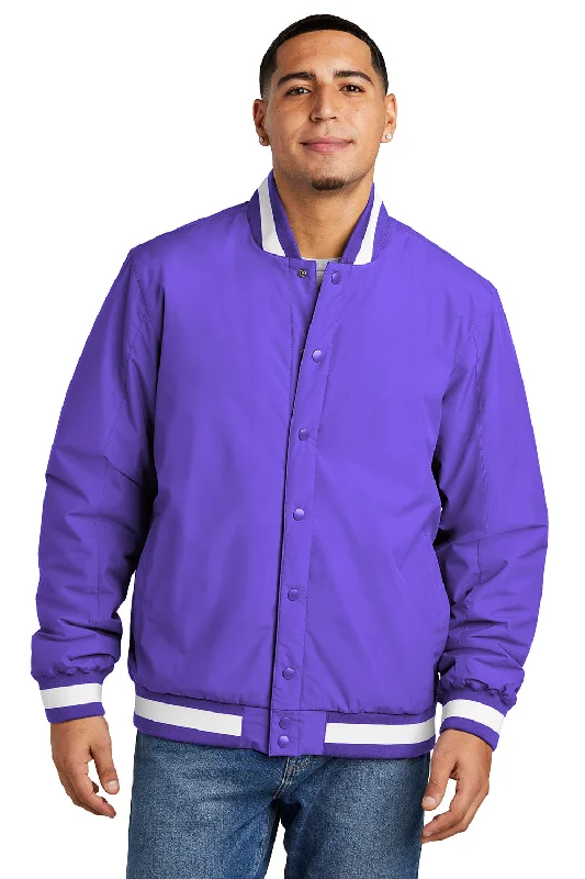Men jackets with a built - in hood that can be stowed away when not in useSport-Tek Mens Water Resistant Snap Down Varsity Jacket - Purple Men jackets with a built - in hood that can be stowed away when not in useSport-Tek Mens Water Resistant Snap Down Varsity Jacket - Purple