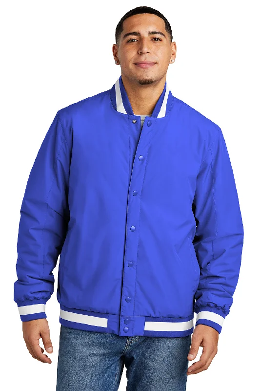 Men jackets with a media - friendly pocket for easy access to gadgetsSport-Tek Mens Water Resistant Snap Down Varsity Jacket - True Royal Blue Men jackets with a media - friendly pocket for easy access to gadgetsSport-Tek Mens Water Resistant Snap Down Varsity Jacket - True Royal Blue