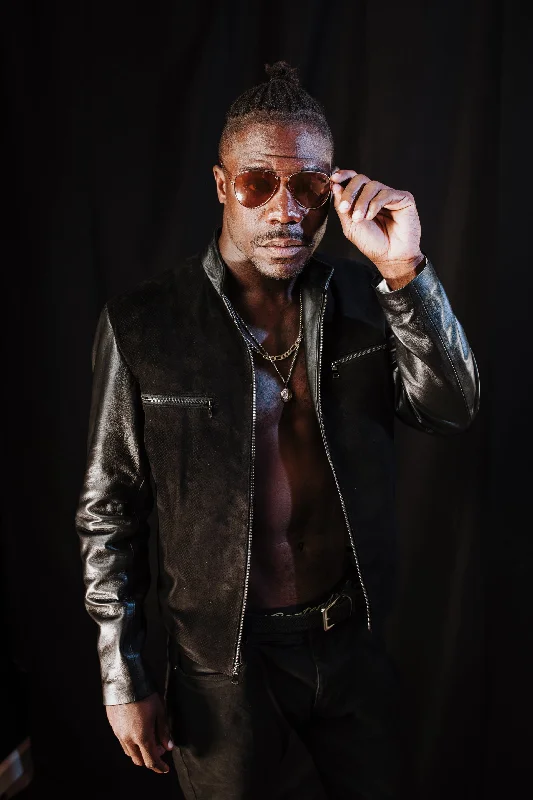 Men jackets with a built - in hood that can be stowed away when not in useMen's Elegance Collection Perforated Black Suede & Black Leather Sleeves Zip Jacket Men jackets with a built - in hood that can be stowed away when not in useMen's Elegance Collection Perforated Black Suede & Black Leather Sleeves Zip Jacket