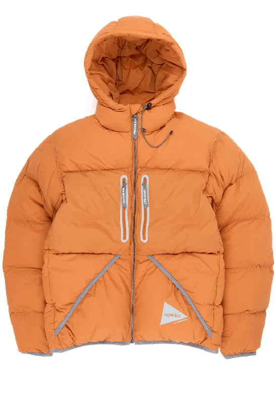 Down - filled men jackets in bright colors for winter fashionGramicci x And Wander Down Jacket - ORANGE Down - filled men jackets in bright colors for winter fashionGramicci x And Wander Down Jacket - ORANGE