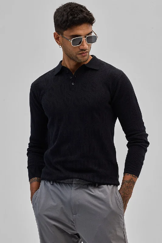 Men's button - down spread collar polo shirts for business casualBlack Self-Design Polo T-Shirt Men's button - down spread collar polo shirts for business casualBlack Self-Design Polo T-Shirt