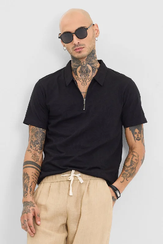 Men's high - collar polo shirts with a modern twistBlack Self-Design Zipper Polo T-Shirt Men's high - collar polo shirts with a modern twistBlack Self-Design Zipper Polo T-Shirt