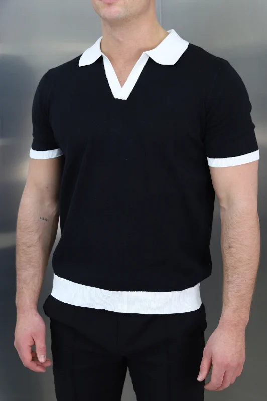Men's two - tone stripe polo shirts with a preppy styleCapo Egyptian Cotton Contrast Cuban Collar Polo Shirt - Black Men's two - tone stripe polo shirts with a preppy styleCapo Egyptian Cotton Contrast Cuban Collar Polo Shirt - Black