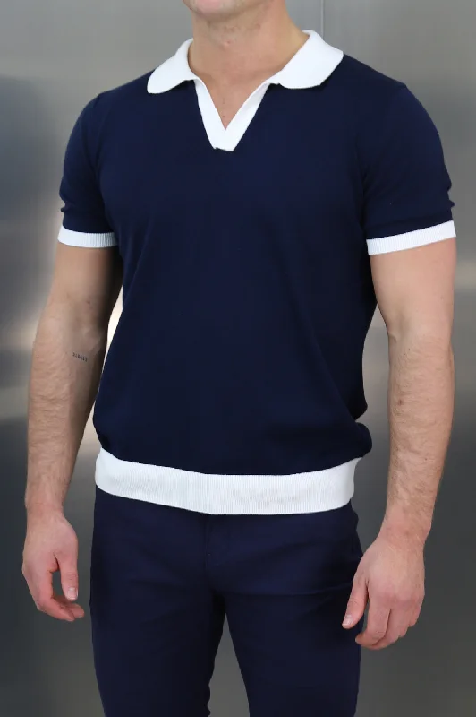 Men's long sleeve classic fit polo shirts with embroidered logosCapo Egyptian Cotton Contrast Cuban Collar Polo Shirt - Navy Men's long sleeve classic fit polo shirts with embroidered logosCapo Egyptian Cotton Contrast Cuban Collar Polo Shirt - Navy