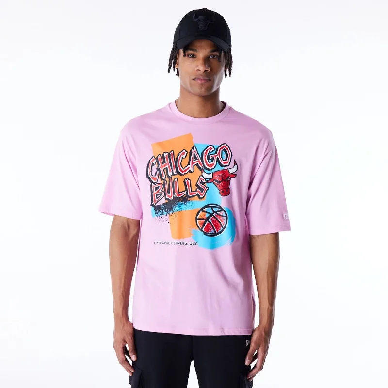 Men's distressed denim - look t - shirts with a rugged appealChicago Bulls Retro Graphic Pastel Pink Oversized T-Shirt Men's distressed denim - look t - shirts with a rugged appealChicago Bulls Retro Graphic Pastel Pink Oversized T-Shirt