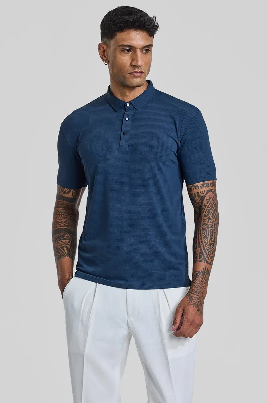Men's vintage - inspired retro polo shirts with unique patternsDark Blue Textured Polo T-Shirt Men's vintage - inspired retro polo shirts with unique patternsDark Blue Textured Polo T-Shirt