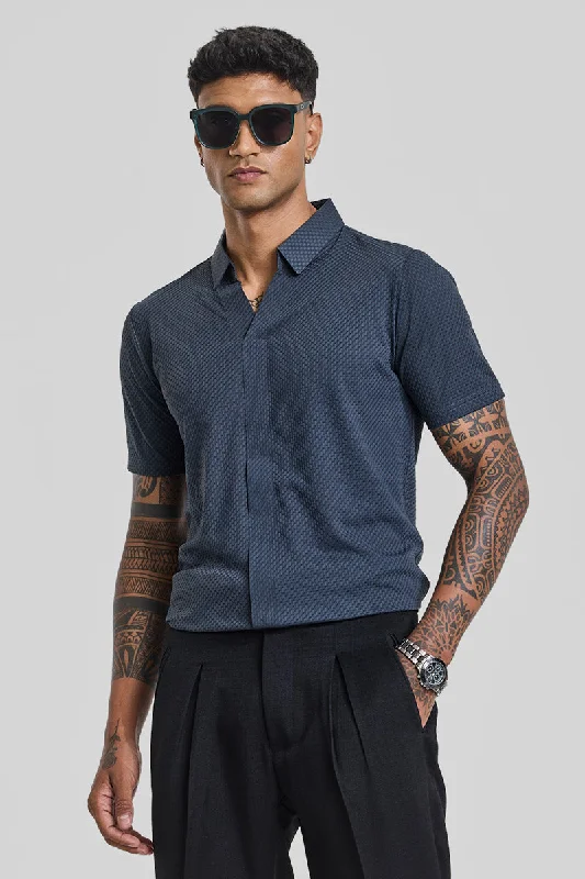 Men's high - collar polo shirts with a modern twistGreyish Blue Textured Polo T-Shirt Men's high - collar polo shirts with a modern twistGreyish Blue Textured Polo T-Shirt